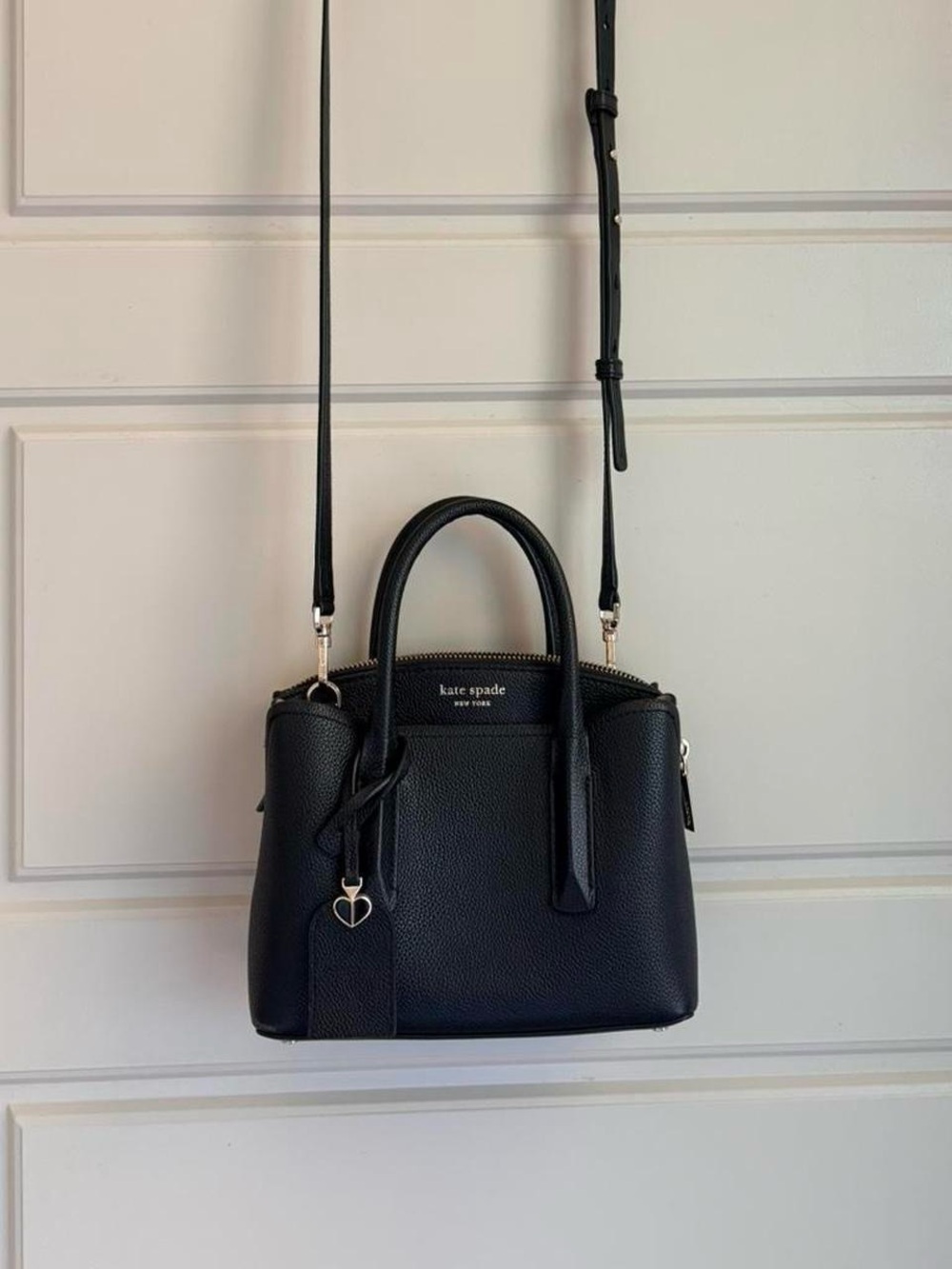 kate spade Black Pebbled Leather Satchel with Heart Charm